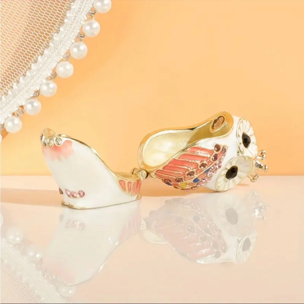 Crystal Owl Ring Box Pink Gold Enamel Jeweled Trinket Jewelry Box NWT